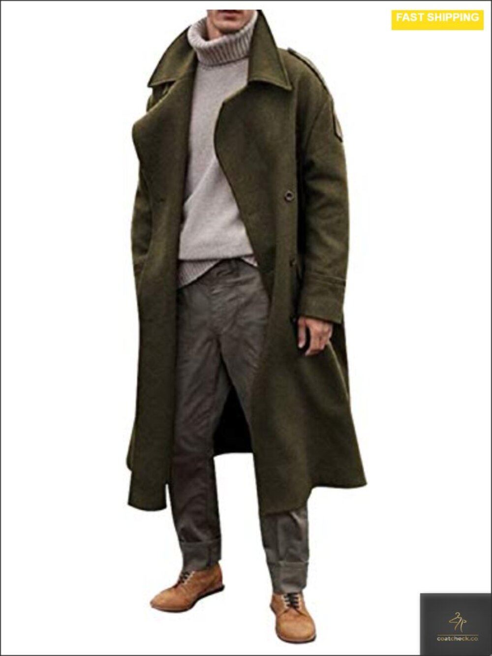 Men's Wool Blend Oversized Notched Lapel Trench Coat Long Winter Jacket